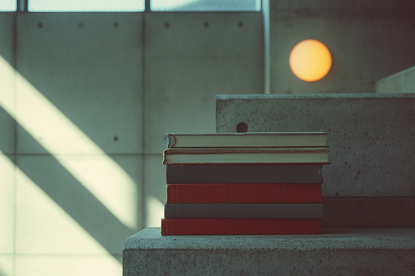 Math Books On Desk in a Brutalist Architecture Style