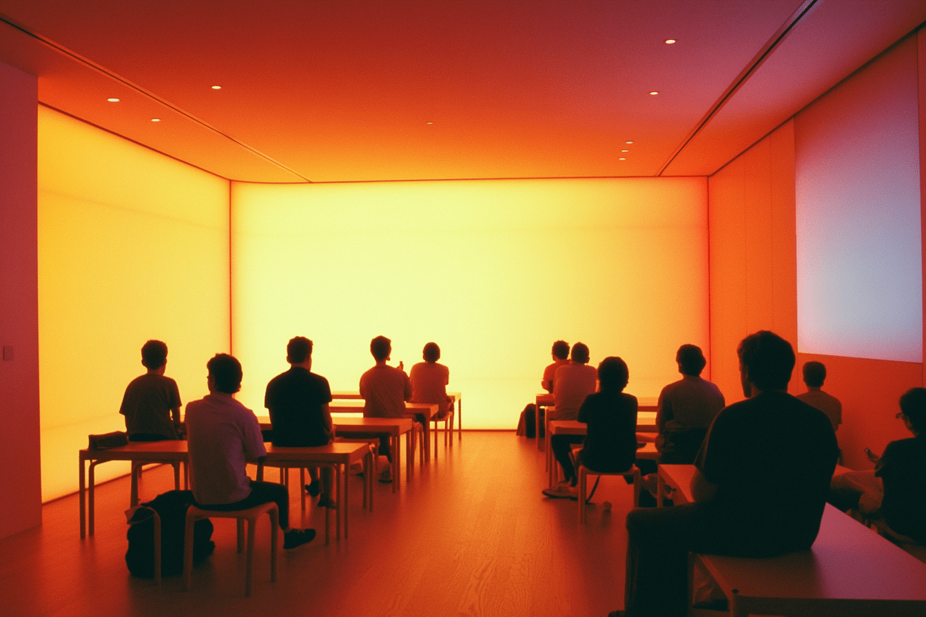 crowd of people at a conference, wall of light