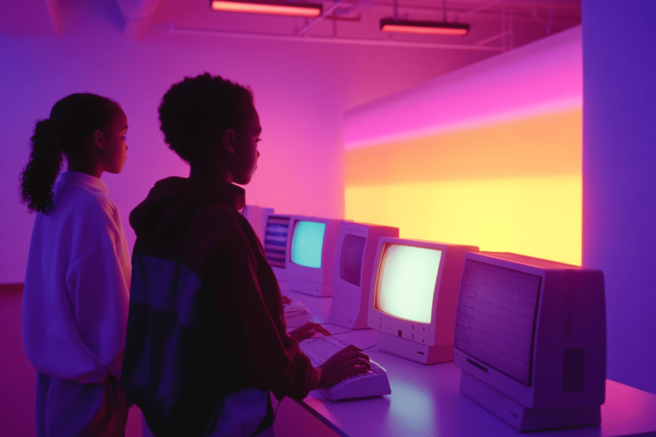 two kids looking into futuristic screens