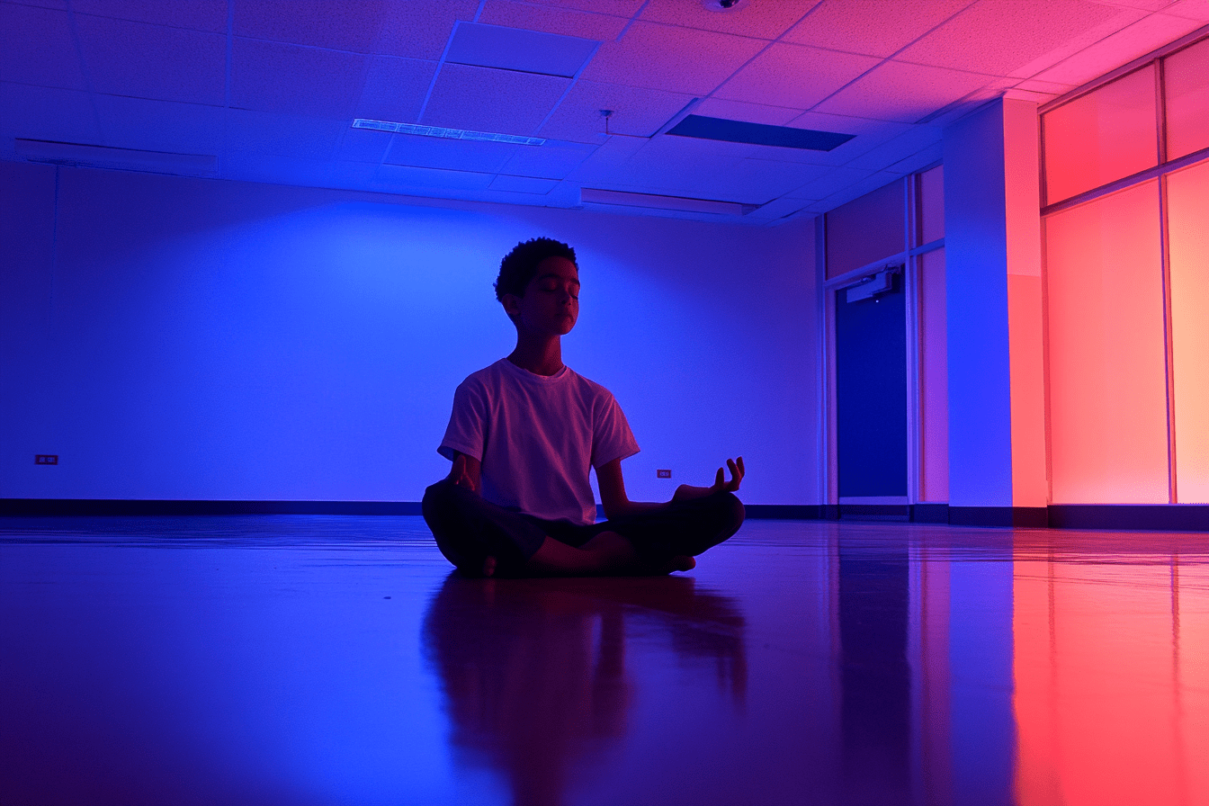 Student Meditating in Empty Classroom
